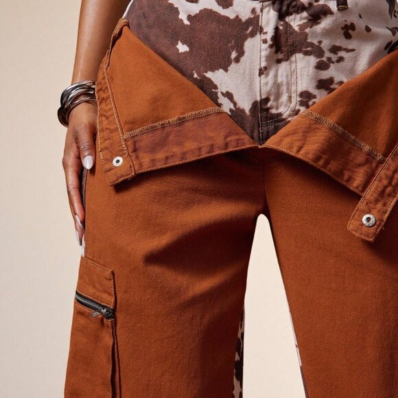 Multicolor Casual Women's Leopard Print Baggy Cargo Fold Over Jeans - Picture 5 of 5